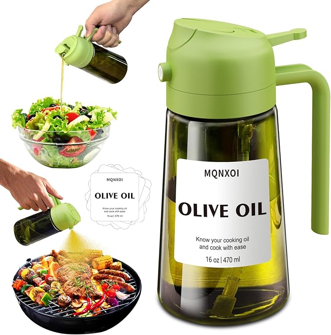 mqnxoi Oil Sprayer for Cooking, 2 in 1 Olive Oil Dispenser Bottle for Kitchen, 16oz/470ml Premium Glass, Food-grade Oil Mister for Air Fryer, Salad, Frying, BBQ (Green + Dark Green Bottle)