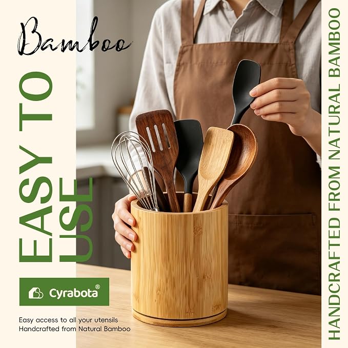 Bamboo Wood Utensil Holder 360°Rotating Anti-Tip Design for Kitchen Counter,Cooking Utensil Crock for Countertop , Large Utensil Organizer for Spatula (Bamboo)