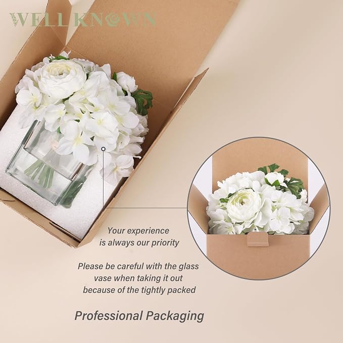 WELL KNOWN Fake Flowers in Vase, White Hydrangea Ranunculus Artificial Flowers with Vase, Silk Floral with Faux Water Arrangement Centerpiece for Office Dining Table Home Wedding Decor & Mom's Gift