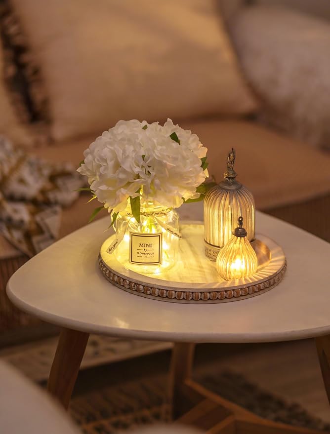 BLOSMON Fake Flowers in Vase for Table: White Artificial Hydrangea with Glass Vase LED Light for Centerpieces Decor - Small Faux Arrangements Desk Vanity Bathroom Office Decoration
