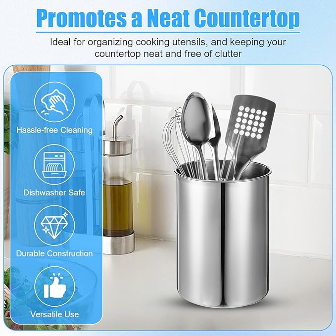 3 Pcs Cooking Utensil Holder for Kitchen Counter, 5.6 x 7.5 inch Metal Utensil Crock Stainless Steel Utensils Holder Container Canister Spatula Spoon Caddy Organizer (Silver)