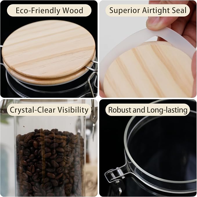 Glass Storage Jars Set Elegant Containers with Airtight Bamboo Lids, Perfect for Kitchen Organization - Flour, Rice, Pasta, Sugar, Coffee Beans, Accessories Included (Coffee Jar x 2)