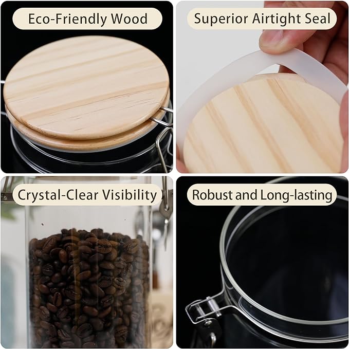 Glass Coffee Canister Set with Shelf & Spoons - 3 Piece Airtight Seal Coffee Bean Storage Containers & Filter Holder for Kitchen Organization