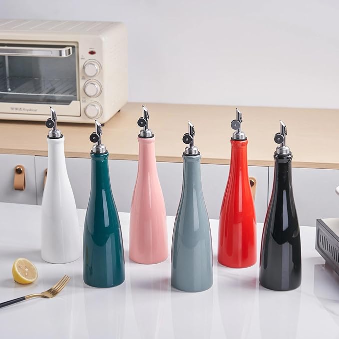 YOLIFE Olive Oil Dispenser Bottle, 20oz Ceramic Oil Dispenser for Kitchen, Oil Bottle with Gravity Spout, Leak Proof EVOO Dispensing Bottle with 2 Spouts and 1 Funnel for Vinegar, Juice(Red)