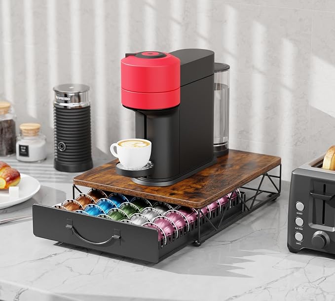 HFHOME Vertuo Pod Holder, Compatible for Nespresso Vertuoline 40 Big or 60 Small Capsules, Wooden Top and Mesh Shelves, Kitchen Counter Coffee Bar Station Organizer with Sliding Drawer, Rustic Brown