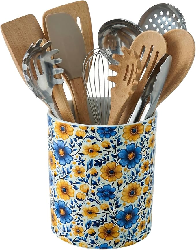 MyGift Vibrant Blue and Yellow Floral Ceramic Kitchen Utensil Holder – Decorative Crock for Cooking Utensils, Flatware, and Countertop Storage