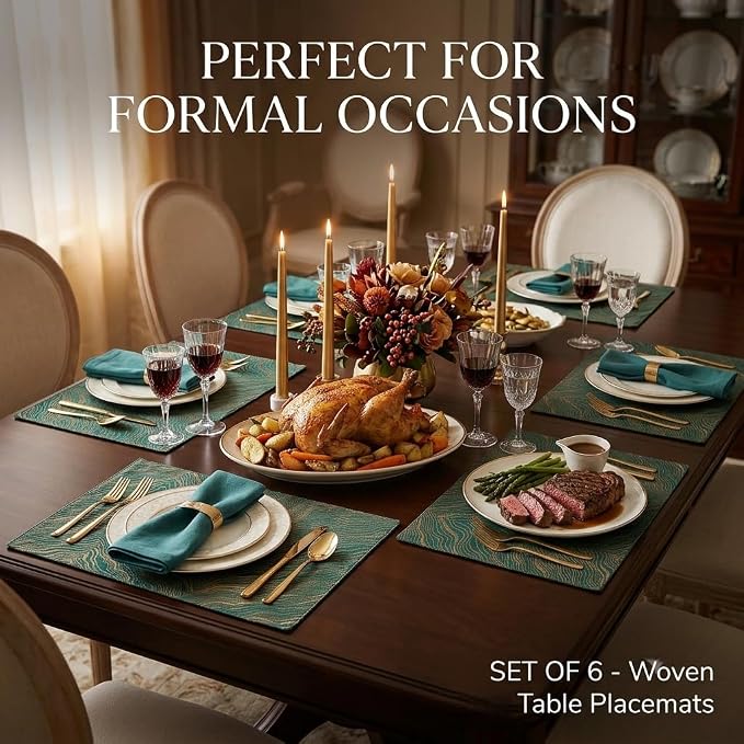 Green Placemats Set of 6, 12x18 Inch Modern Jacquard Woven Place Mats, Double Sided Reversible Non Slip Table Mats, Fade Resistant Irregular Woven Texture Dining Table Decor for Kitchen