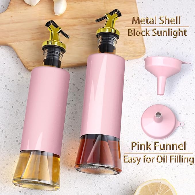Miao’er Olive Oil Dispenser Bottle for Kitchen Set of 2, Golden Non-Drip & Leakproof Spout, One-handed Hold, With Pink Funnel for Easy Filling, 10OZ/300ML(PINK)