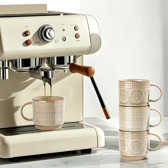 GBhome 16OZ Stackable Coffee Mugs, Ceramic Coffee Mugs with Texture Patterns for Man,Woman,Dad,Mom, Modern Coffee Mugs Set of 4 for Latte/Cappuccino/Cocoa. Dishwasher&Microwave Safe