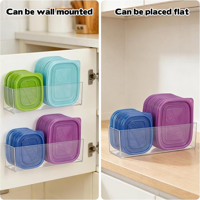 Rainmae 2 Pack Kitchen Cabinet Door Organizer, Lid Organizer Inside Cabinet Wall Mounted Plastic Storage Box Stackable Under Sink Lunchbox Lid Container for Kitchen Bathroom Office Organization