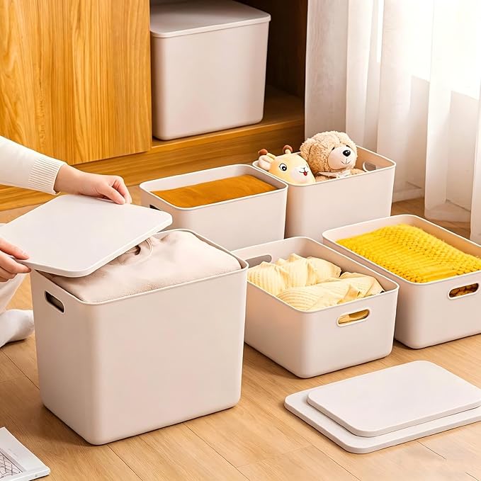 Ytteve 6-Pack Light Grey Stackable Plastic Storage Bins with Lids & Handles, 4 Large (11.8"x8"x9.8") & 2 Medium (11.8"x8"x4.7"), Organizer Containers for Closet, Shelves, Drawers, Home & Office