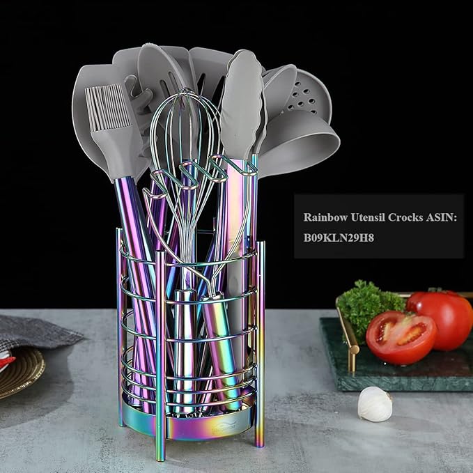 38 Piece Silicone kitchen Cooking Utensils Set with Utensil Rack, Silicone Head and Stainless Steel Handle Cookware, Kitchen Tools, Non-Stick kitchen Gadgets, Dishwasher Safe (Rainbow)