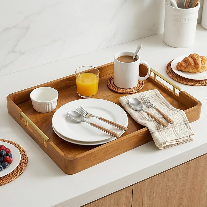 Solid Teak Wood Serving Tray with Handles, 20"x14"x2" Large Ottoman Tray for Living Room Kitchen Party, Decorative Rustic Rectangular Tray for Home Coffee Table Breakfast Dinner Bar