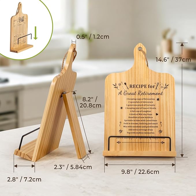PUERSI Cookbook Stand, Retirement Gift for Woman, Wooden Recipe Book Holder, Happy Retirement Gifts Ideas, Adjustable Cook Book Stand for Kitchen Counter