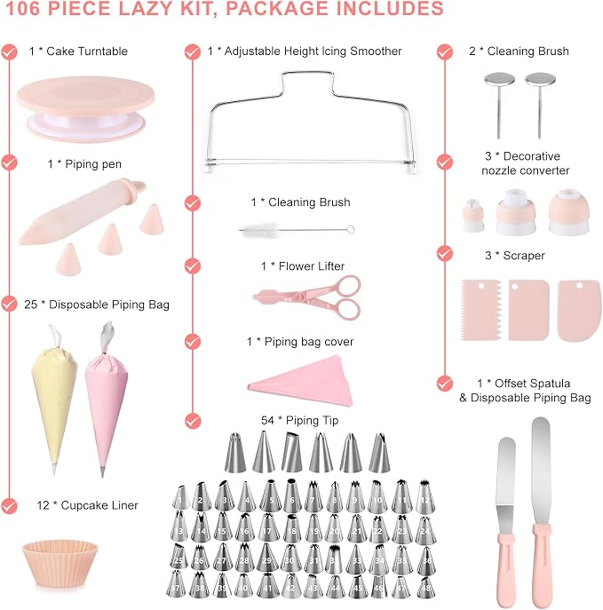 107PCS Cake Decorating Kit Includes Revolving cake turntable for decorating, Icing Bags and Tips Set, 2 Spatulas, 3 Cake Scraper, 25 Piping Bags, frosting piping kit, and 3 Coupler for Baking