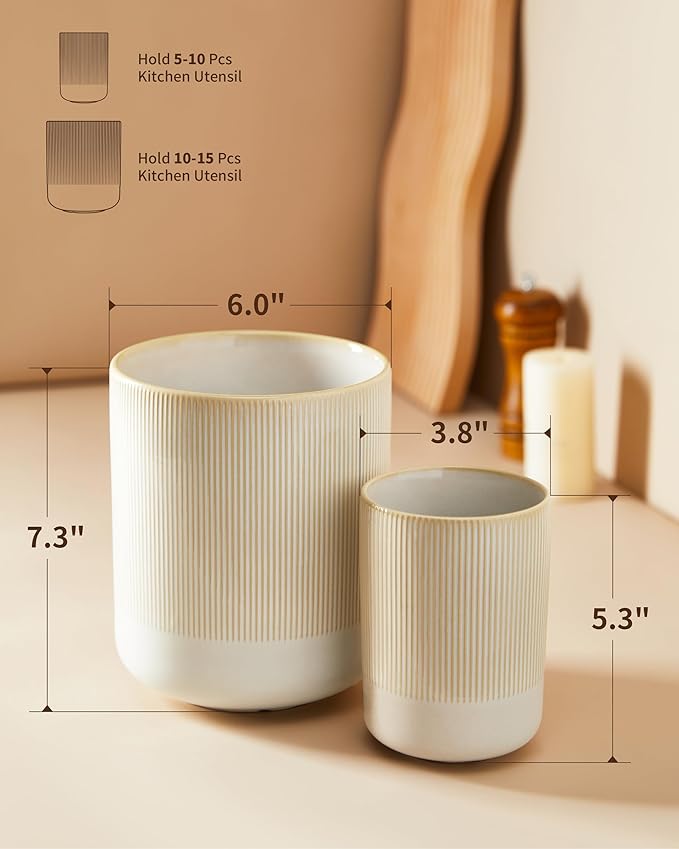 Pokini Utensil Holder, 7.3"+5.3" Ceramic Cooking Utensil Holder for Kitchen Counter, Kitchen Utensil Holder for Countertop, Farmhouse Heavy Large Utensil Crock Organizer for Spatulas, Spoons, Beige
