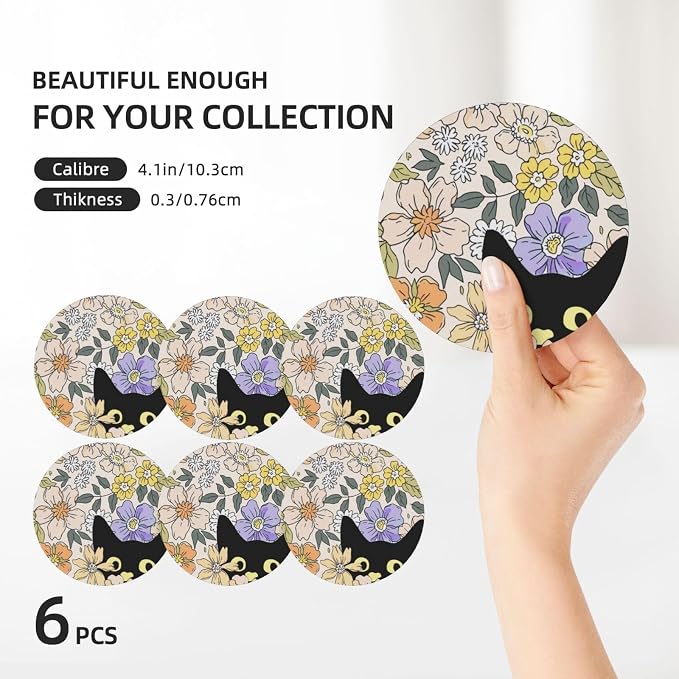 Fun Black Cute Boho Cat 6 Pcs Ceramic Coaster Set with Holder/Cork Chic Funny Animal Unique Girly Flowers Absorbent Round Cup Drink Coasters Set for Modern Coffee Table Bar Wine Beer Protect