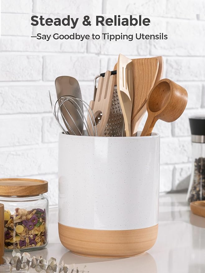 AmorArc Ceramic Utensil Holder, 7.25"+5.4" Cooking Utensil Crock for Countertop, Kitchen Countertop Organizer with Rustic Terracotta Underside for Spatula, Set of 2