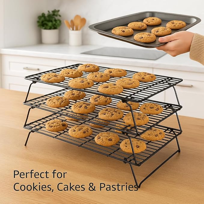 3 Tier Stackable Cooling Rack for Baking – 15.75" x 10" Carbon Steel Wire Cookie Cooling Racks, Multi-Level Stackable Cookie Rack for Cakes, Pastries & Fruit – Collapsible & Dishwasher Safe