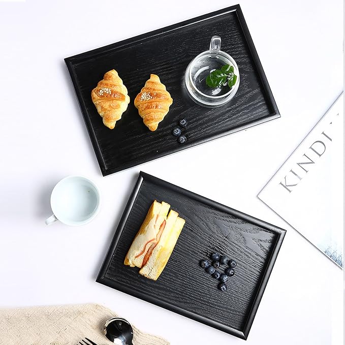 Wooden Serving Tray with Handles, Rectangle Decorative Serving Tray Platter Wood Bed Tray with Raised Edges Snack Tray for Home Kitchen Restaurant Coffee Tea Food Breakfast Dinner Décor(Black)