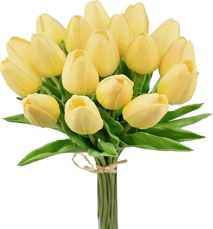 Mandy's Light Yellow Artificial Tulips Flowers Centerpiece, 13.5" Lifelike PU Fake Floral Stems 20pcs for Kitchen Island & Dining Table, Spring Decor for Easter