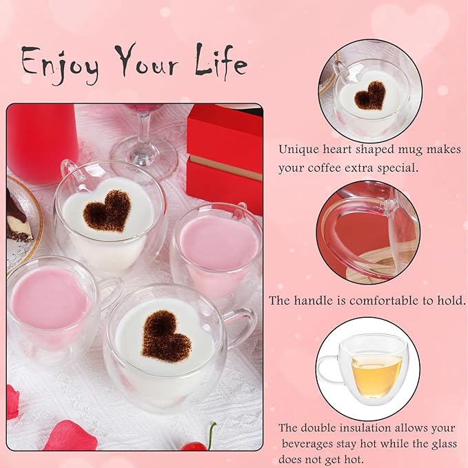 WHJY Double Wall Glass Coffee Mugs，Clear Coffee Cups Clear Unique Coffee Cups Heart Shaped Mug 5 oz Espresso Cups Heart Mugs Set of 2