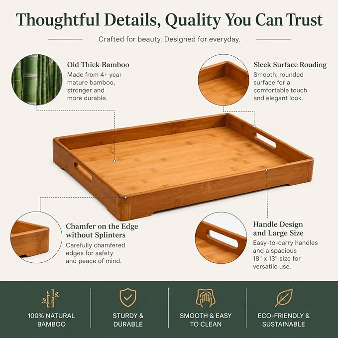 Bamber Large Bamboo Serving Tray Decorative Coffee Tea Platter 18 x 13 x 1.2 Inches