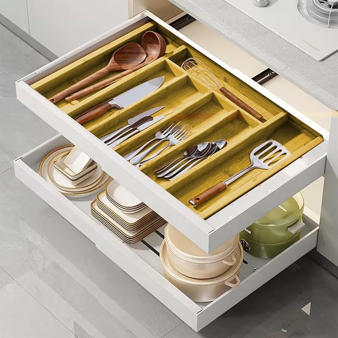 Bamboo Adjustable Drawer Organizer - Expandable Utensil Organizer for Flatware, Adjustable Cutlery & Knives. Ideal Utensil 7 Slots large Drawer Organizer for Kitchen, Natural