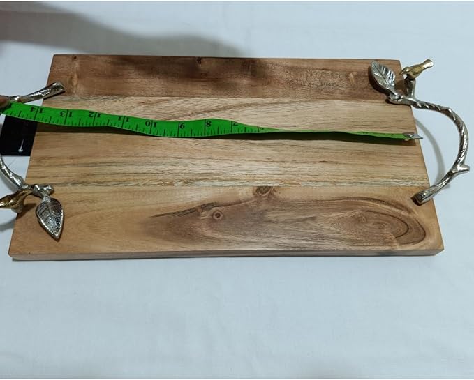 Rustic Wood Serving Tray with Rope Handles, 16 x 8 inches with Metal Handle (Accaia Wood Tray with Silver Bird, Standard)