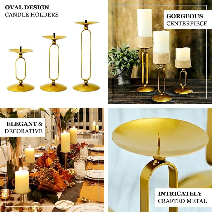 Efavormart Set of 3 | Gold Metal Geometric Oval Design Pillar Candle Holder Stands, Candle Centerpieces - Assorted Sizes