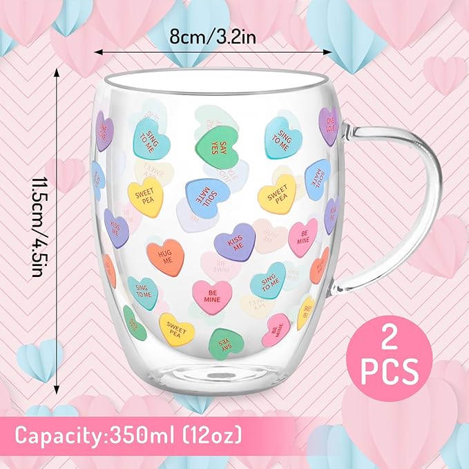 JarThenaAMCS Valentine' s Day Double Wall Glass Coffee Mugs Insulated Glasses 12Oz Candy Conversation Heart Clear Espresso Cups with Handle for Home Holiday Supplies, Set of 2