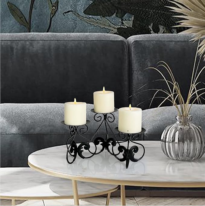 Lily’s Home Elegant Scrollwork Fleur De Lis Pillar Candle Holders, Wax & LED Candle Stands, Black, Set of 3. Candles Not Included