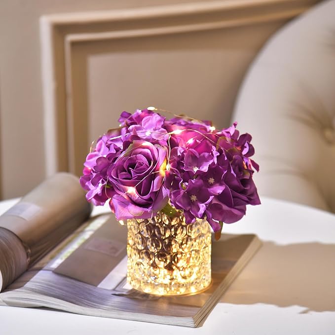 Rose Silk Flower Arrangement Artificial Vivid Rose in Glass Vase with LED Light Elegant Centerpiece for Home Wedding Bathroom Table Shelf Decoration (Purple)