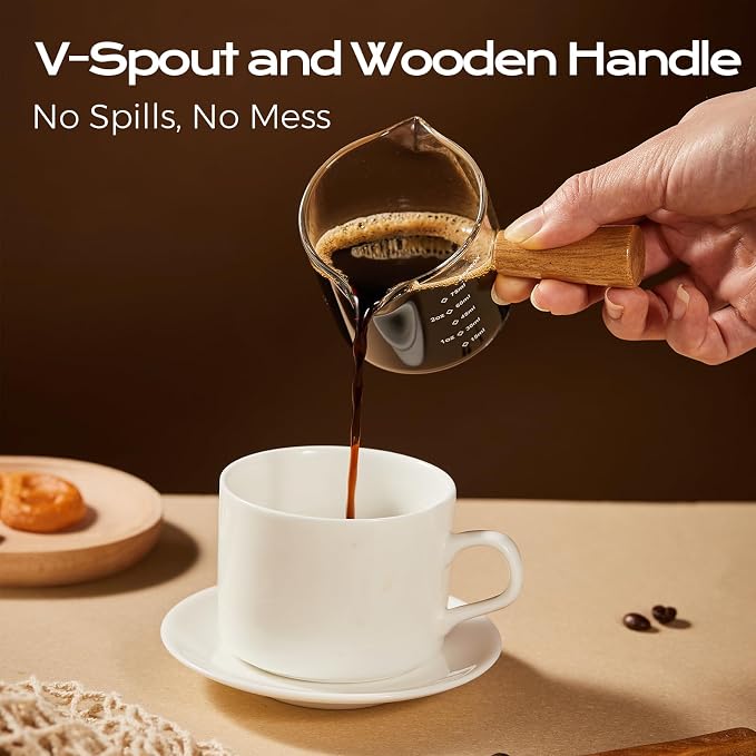 YARRAMATE Glass Espresso Cup with Double Spout & Wooden Handle, 2.5oz (2Pk) | Precision Pouring, Heat Insulated Grip, High-Heat Stability, Dual-Scale Accuracy, Easy to Rinse Clean, For Coffee Baristas