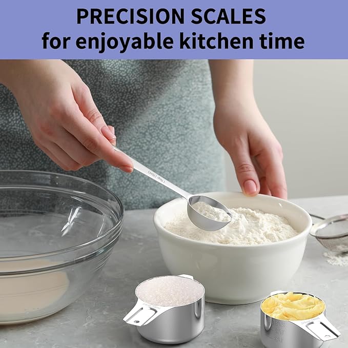 Stainless Steel Measuring Cups and Spoons Set, 6 Stainless Steel Measuring Cups, 7 Measuring Spoons & 1 Leveler, 3 Plastic Measuring Cup with 1 Measuring Conversion Chart