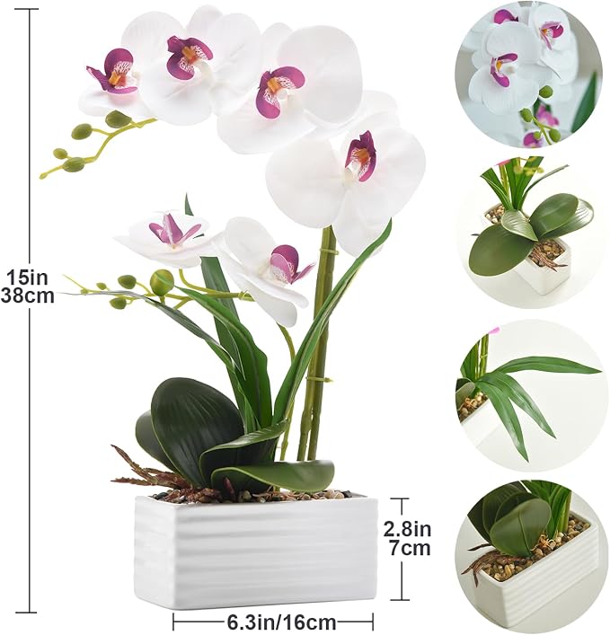 Artificial Real Touch Orchid Flowers in Pot Fake Phalaenopsis Flower with White Ceramic Vase Faux Orchids Arrangement for Home Table Office Wedding Party Decoration (White)