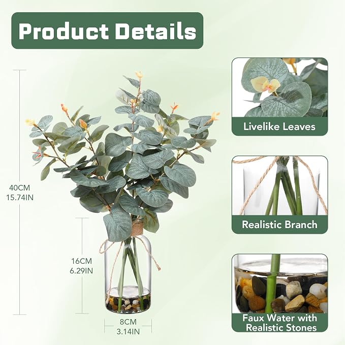 15.74” Artificial Eucalyptus Stems in Glass Vase with Faux Water & Natural Stones, Lifelike Fake Greenery for Modern Farmhouse Home Decor, Bathroom Decor, Office Desk Centerpiece