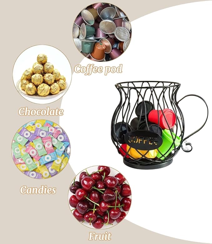 Metal Coffee Pod Holder Wire Coffee Pods Storage Basket Espresso Capsule Storage for Home Kitchen Cafe Hotel (Black teapot)