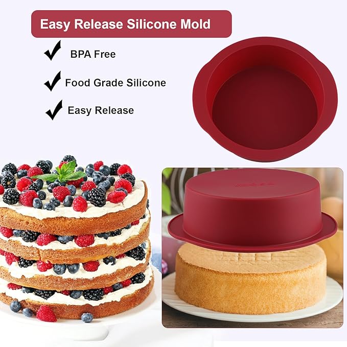 Nalchios 6 Inch Silicone Round Cake Pan Set of 3 - Non-stick Easy Releasing Mini Baking Molds for Layer, Pizza, Cheese, Chocolate - Flexible BPA Free
