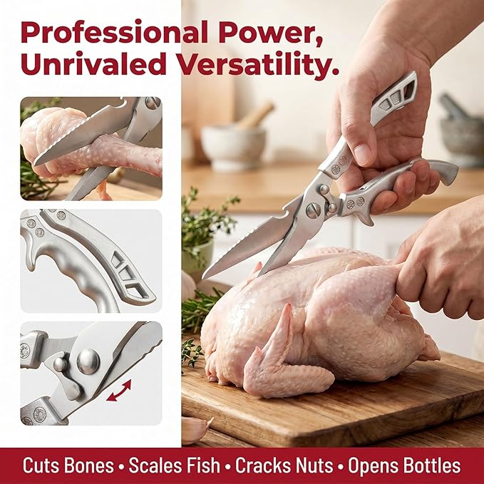 Upgrade Stainless Steel Bone-Cut Kitchen Scissors, Heavy Duty Kitchen Scissors, Professional Poultry Shears with Spring Loaded Handle for Bone, Meat, Chicken, Fish, Turkey, Vegetables (#A)