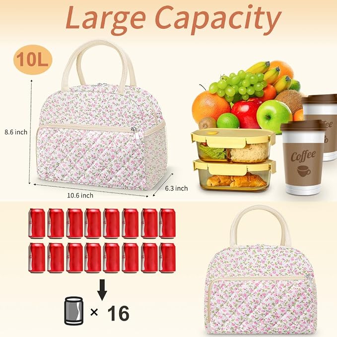 Coobiiya Lunch Box Lunch Bag for Women Men,Reusable Cute Lunch Pail bag,Leakproof,Insulated LunchBox Tote Compact 10L, Cooler Lunch Container for Work Travel Office Floral