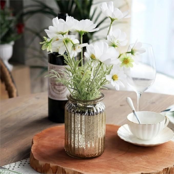 13.5" White Daisy Artificial Flowers in Fluted Glass Vase, Fake Flowers Arrangement with Vase, Centerpiece for Coffee Table Decor, Wedding Party, Bathroom Decor, Home Decor Indoor