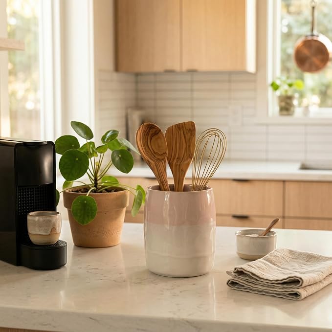 Large Ceramic Utensil Holder for Kitchen Counter, Modern Utensil Crock Organizer (Pink)