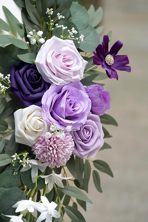 Olalaka Faux Flower Swag Set of 2 for Wedding Welcome Signs Floral Decorations, Purple Wedding Arch Flowers for Wedding Ceremony (Lilac & Purple & Cream)