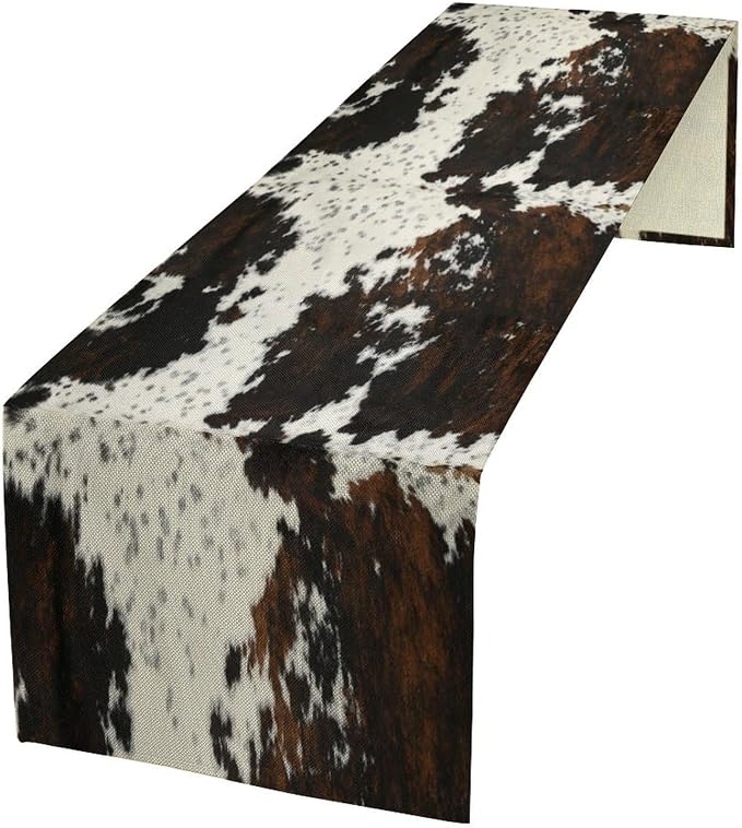 Cow Skin Print Table Runner, Cotton Linen Rustic Cottage Country Farm Animal Fur Skin Pattern Western Style Brown Cowhide Print Dinner Runner for Home Kitchen Dining Table Decoration 13x108 Inch