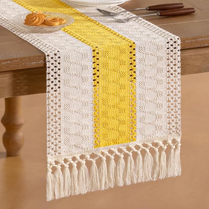 Socomi Boho Table Runner Summer Farmhouse Rustic Dining Kitchen Centerpiece Decor Small Macrame Woven Cotton Coffee Table Runner for Dresser Scarf Home Decor 12x72 in Yellow Gold Ivory
