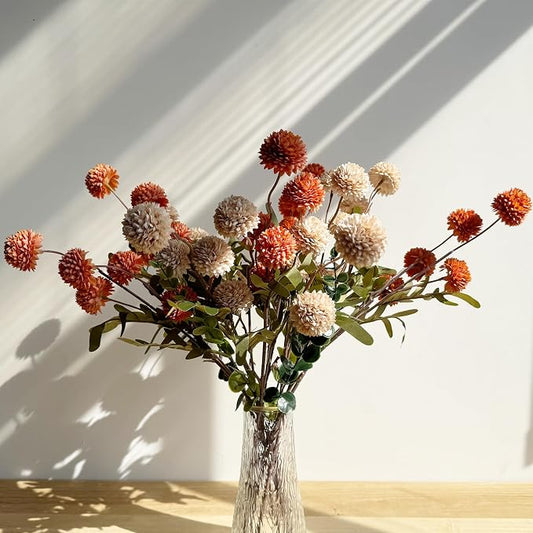 10pcs Faux Beige & Orange Kiku Flowers, 5 Heads Each Stem & 4 Branches Eucalyptus Stems, Artificial Small Mini Chrysanthemum Flowers for Aesthetic Room Decor, Floral Arrangements Centerpiece