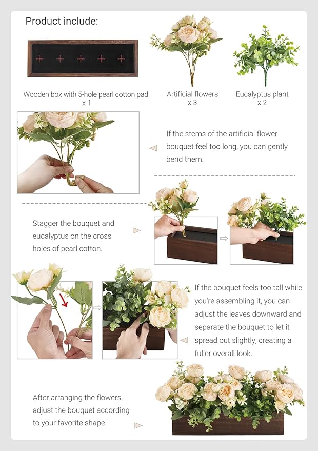 Dahey Centerpiece Table Decorations for Dining Room Farmhouse Table Centerpieces Decor Wood Tray with 3 Artificial Flowers and 2 Eucalyptus for Living Room Kitchen Table, 14.1" x 4.7" x 3.1"