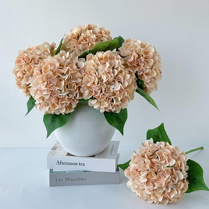 ZYTUYO 5 Pcs Light Coffee Silk Hydrangeas Artificial Flower Boho 20'' Faux Hydrangeas for Fall Indoor Home Decor Spring Kitchen Living Room Outdoor Porch Wedding Flower Arrangement