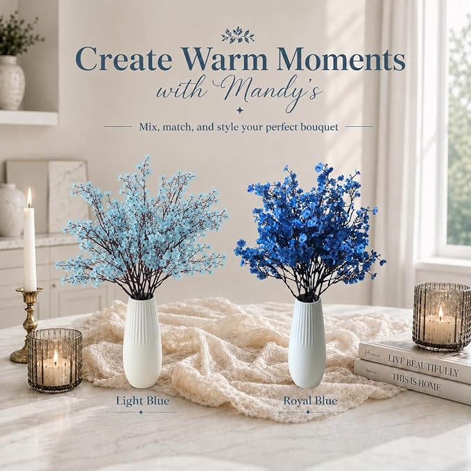 Mandy's Royal Blue Artificial Baby’s Breath Flowers 6 Bundles Silk Gypsophila, 18.5 Inch European Style Modern Home Decor Centerpiece, Neutral Wedding Flower Arrangements